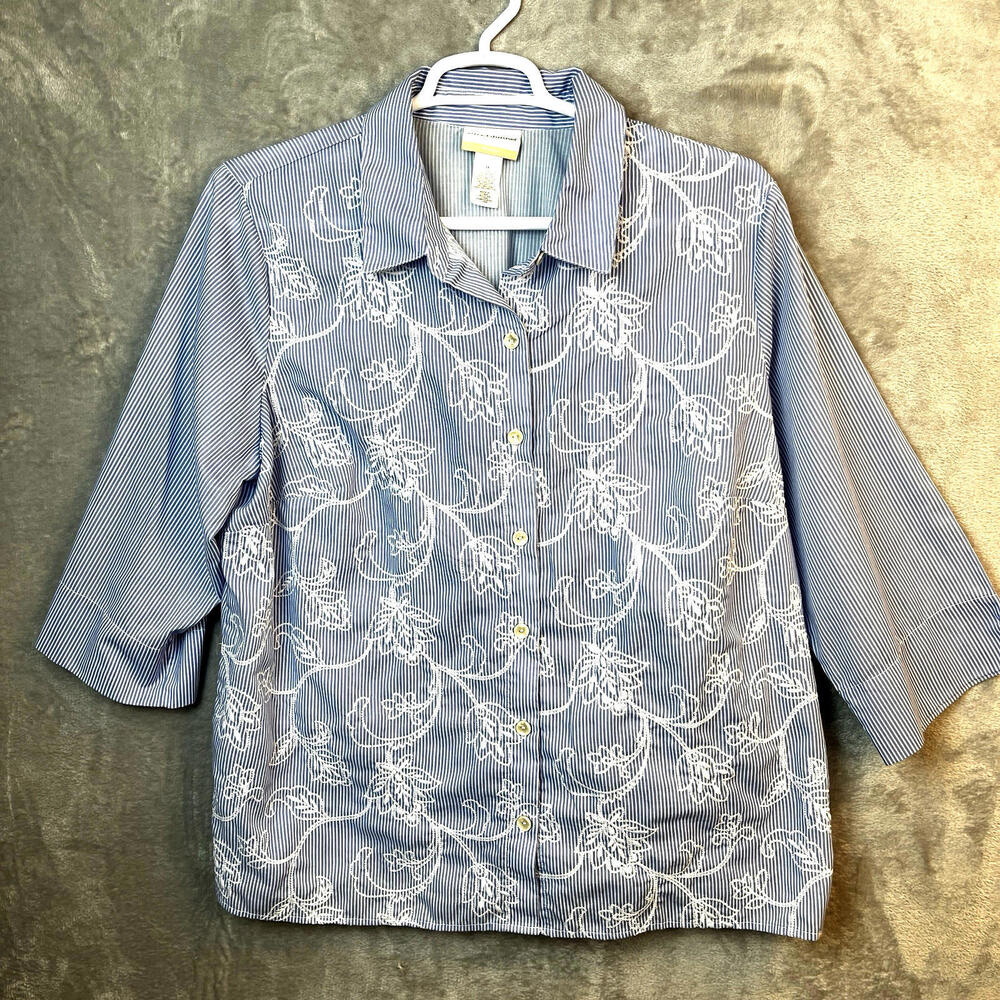 Alfred Dunner Womens Shirt Size 1X Blue White Stripe Embroidered‎ Floral Coastal